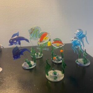 Miniature Handblown Vintage Glass Fish, Jellyfish and Seaweed